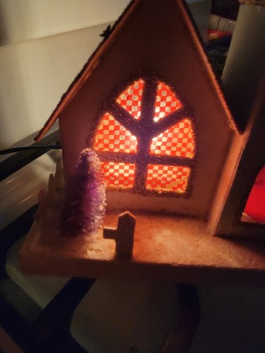 Vintage Christmas CHURCH with BELL PUTZ Decoration Mica Cardboard Light RARE - Picture 11 of 12