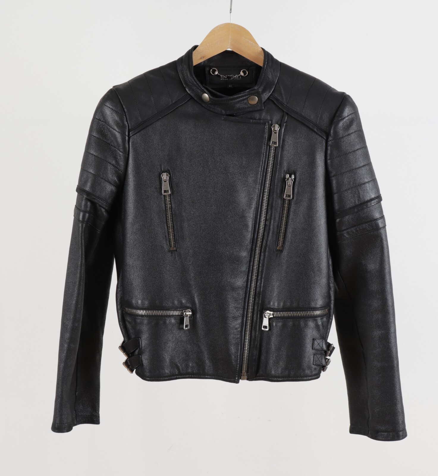Women's Gucci Size IT44 Black Leather Shearling Lining Miltipocket Biker Jacket image 2