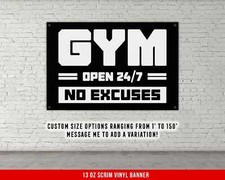 Motivational Gym Vinyl Banner - Open 247 No Excuses Fitness Decor