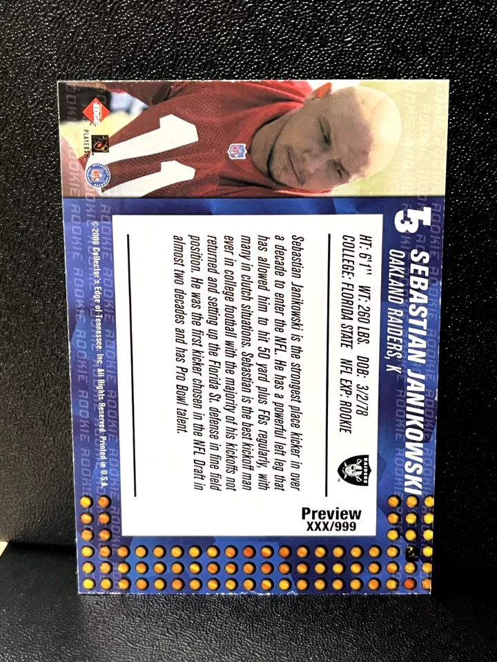 🔥2000 Collector’s Edge T3 Sebastian Janikowski RC #203 PREVIEW /999 - Image 2 of 2