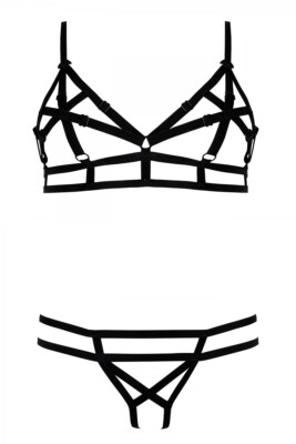 2 PC Sexy Strappy Bra & String Panty Adjustable No Wire Anais Apparel Echo Black