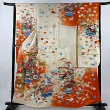 JAPANESE KIMONO FURISODE CREAM 160cm 5 ft 3 in PURE SILK FF11463