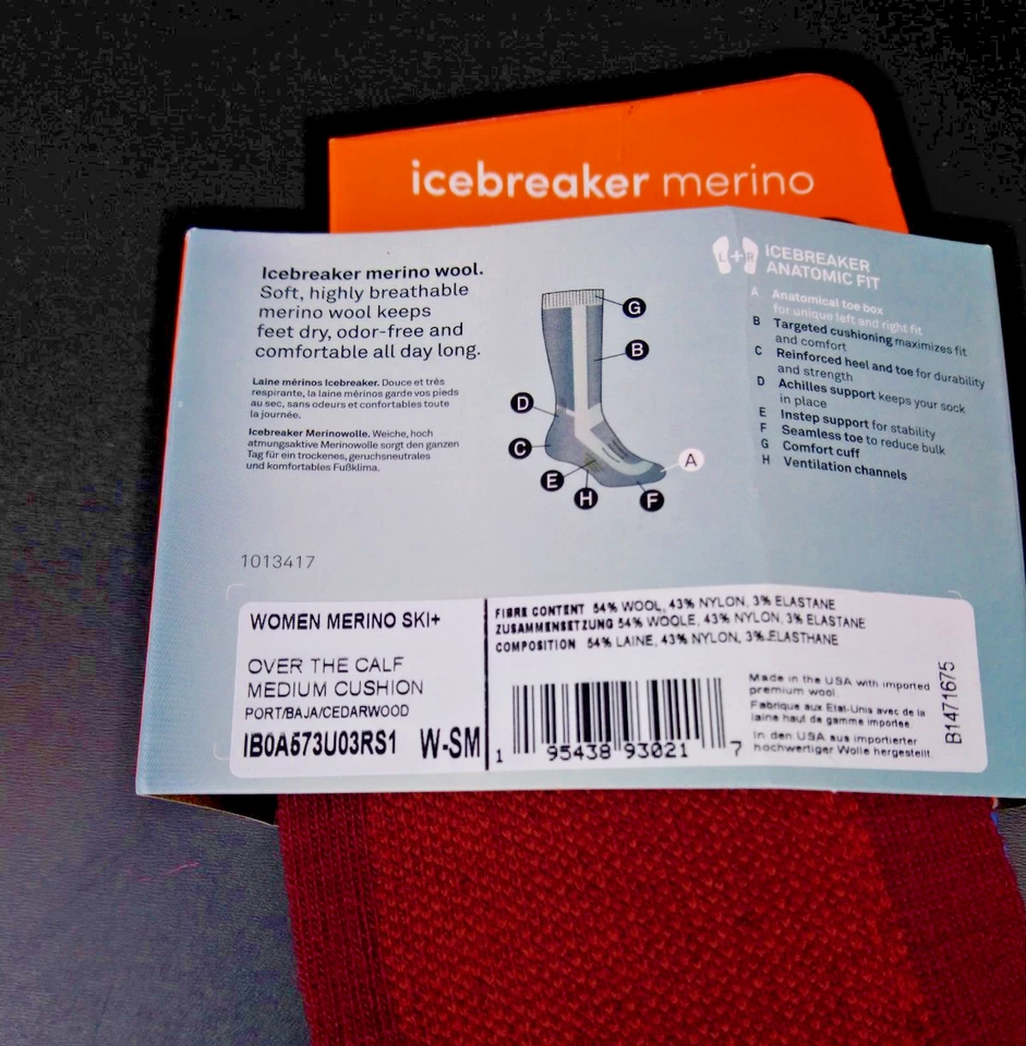ICEBREAKER Womens Ski Socks Merino Wool Anatomic Fit- OTC- Small Cedarwood Red - Image 3 of 4