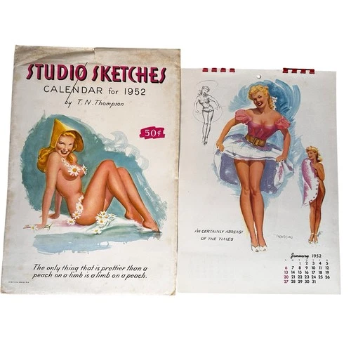 Vtg 1952 Studio Sketches T.N. Thompson artwork  Pin-Up Calendar W Sleeve Envelop