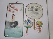 Lot of 4 Painted Silk Paddle Fan Chinese Japanese Asian Wood Handle Hang