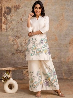 Women Floral Printed Kurti Palazzo Set Cotton Co-Ord Set Ethnic Wear Casual Summ