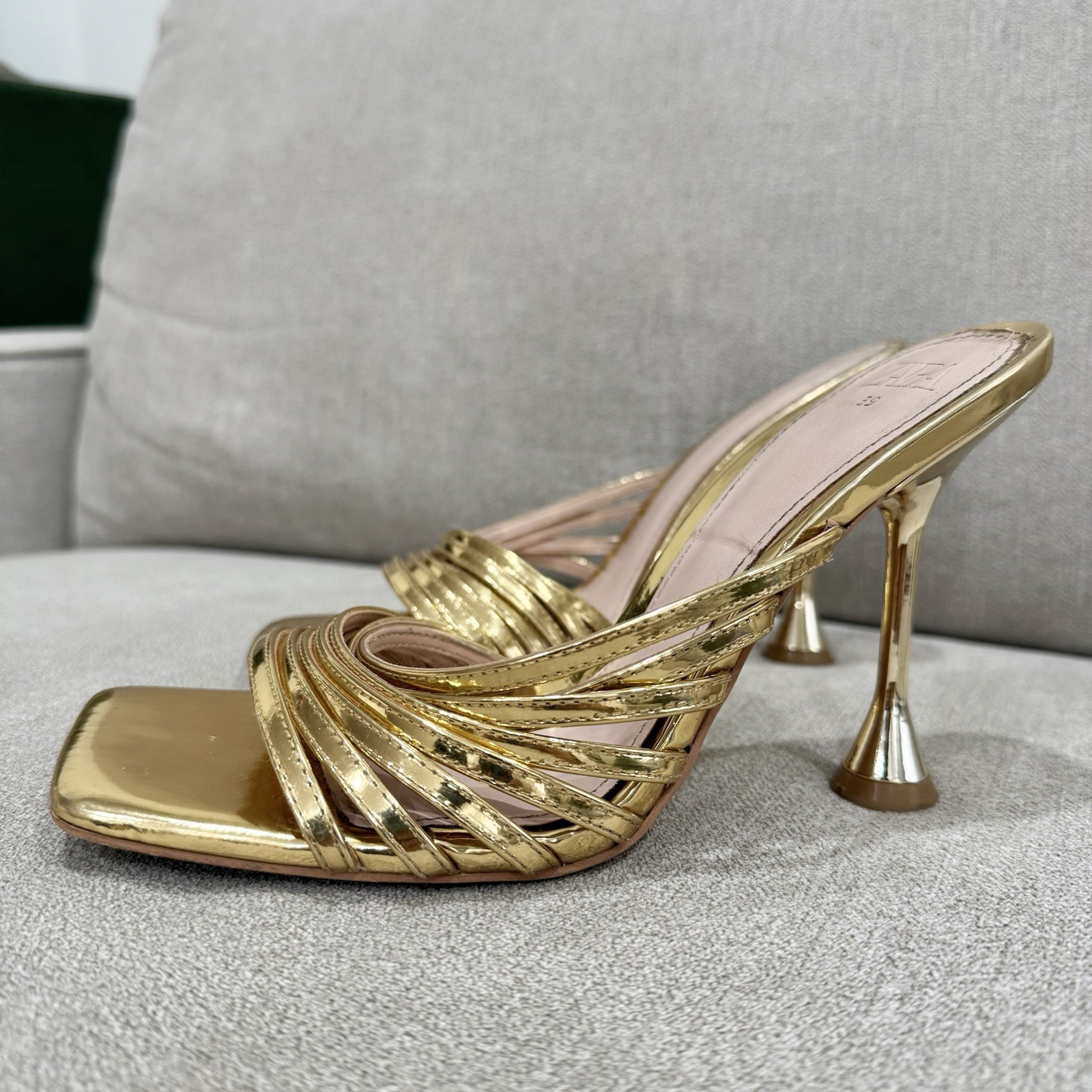 ZARA Gold Metallic Strappy Heels Size 39 EU / 8.5 US Square Toe Stiletto Mules