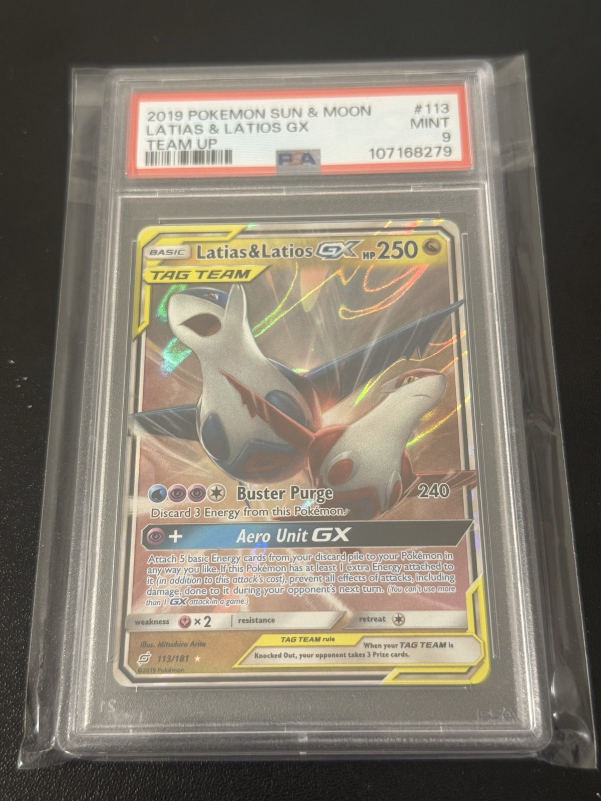 Latias & Latios GX 113/181 Sm-Team Up Holo Pokemon Card Graded PSA 9 