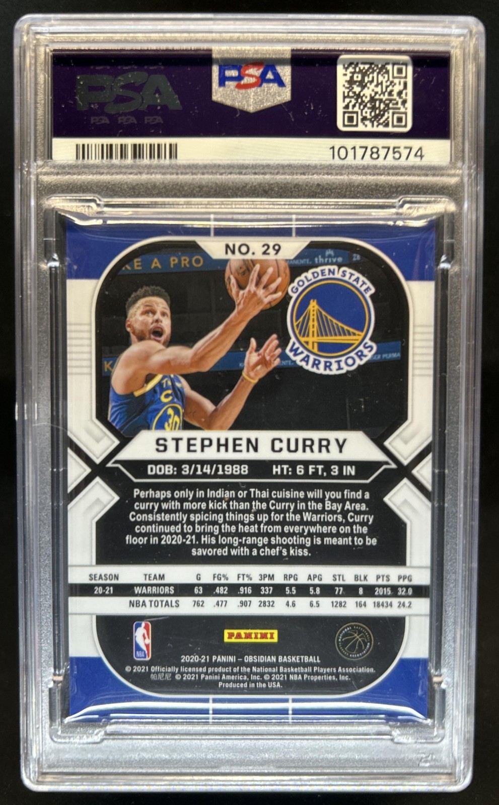 2020-21 Panini Obsidian Stephen Curry Electric Etch Yellow Flood #29 PSA 8 view 2