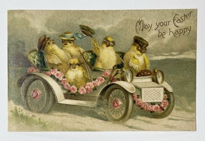 Anthropomorphic Chicks Wearing Hats In Car Vintage Easter Postcard