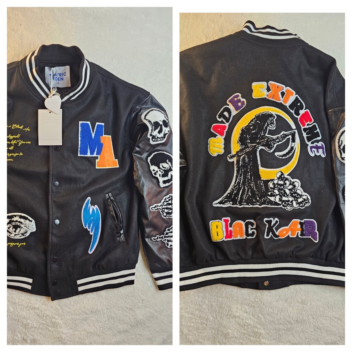NWT Aelfric Eden Men's L Black Varsity Jacket Grim Reaper Skulls