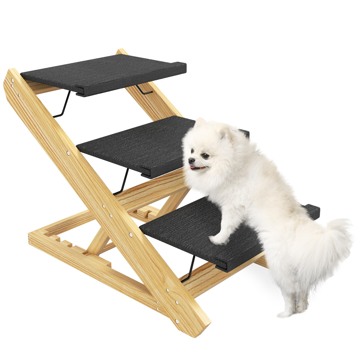 Pawhut Unisex Natural Adjustable Dog Steps 3-Step Dog Ramp W/ Non-Slip Surface, For Medium Dogs In - Image 2