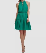 Vince Camuto Women's Green Smocked Chiffon Fit & Flare Dress Petite Size 2P