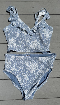 Lands' End Women's Dusk Sky Meadow Midkini Swimsuit L Top & High Waisted Bottom