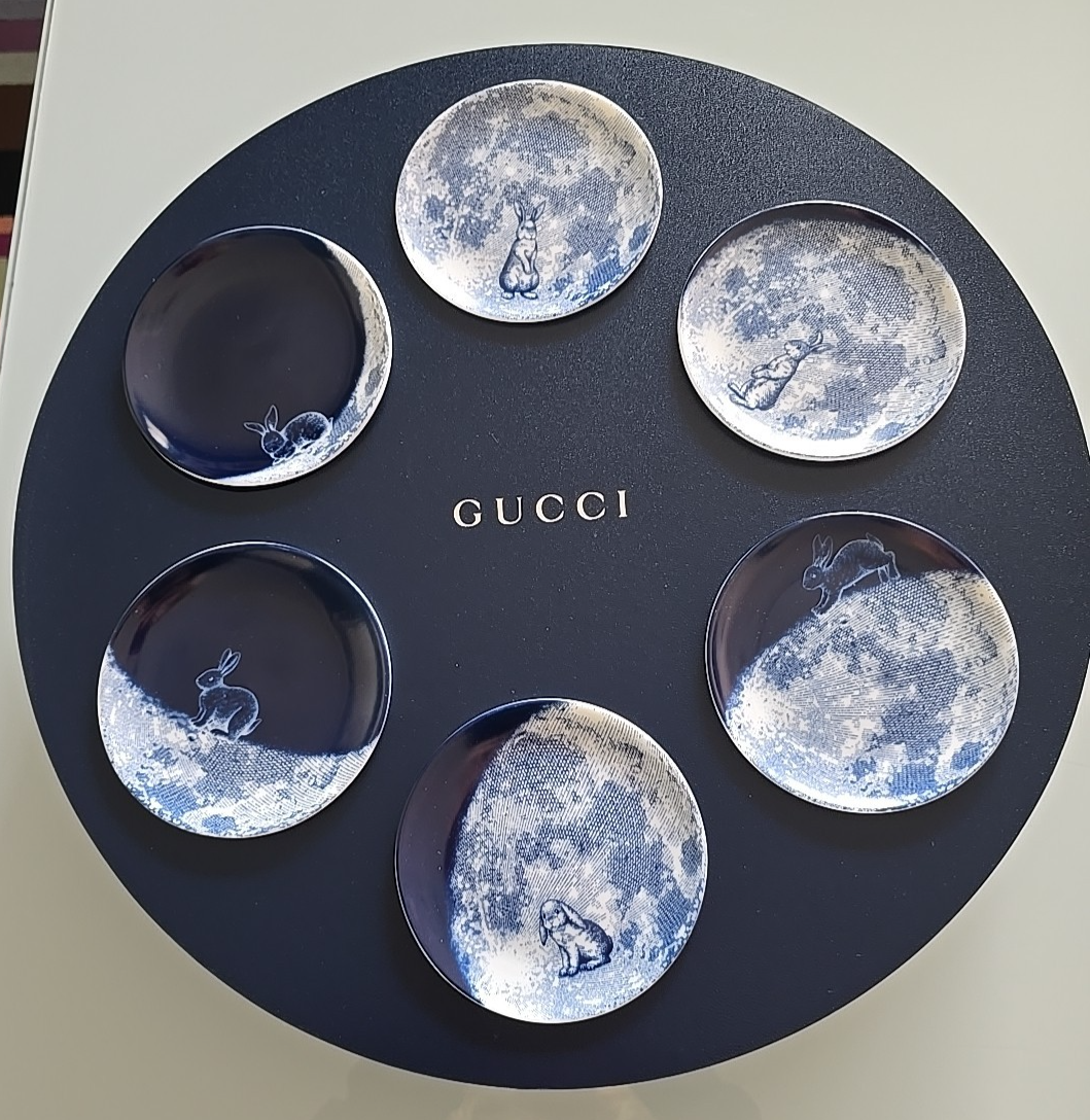 New Gucci Easter Bunny Rabbit 6 Six Blue Small Plates Porcelain