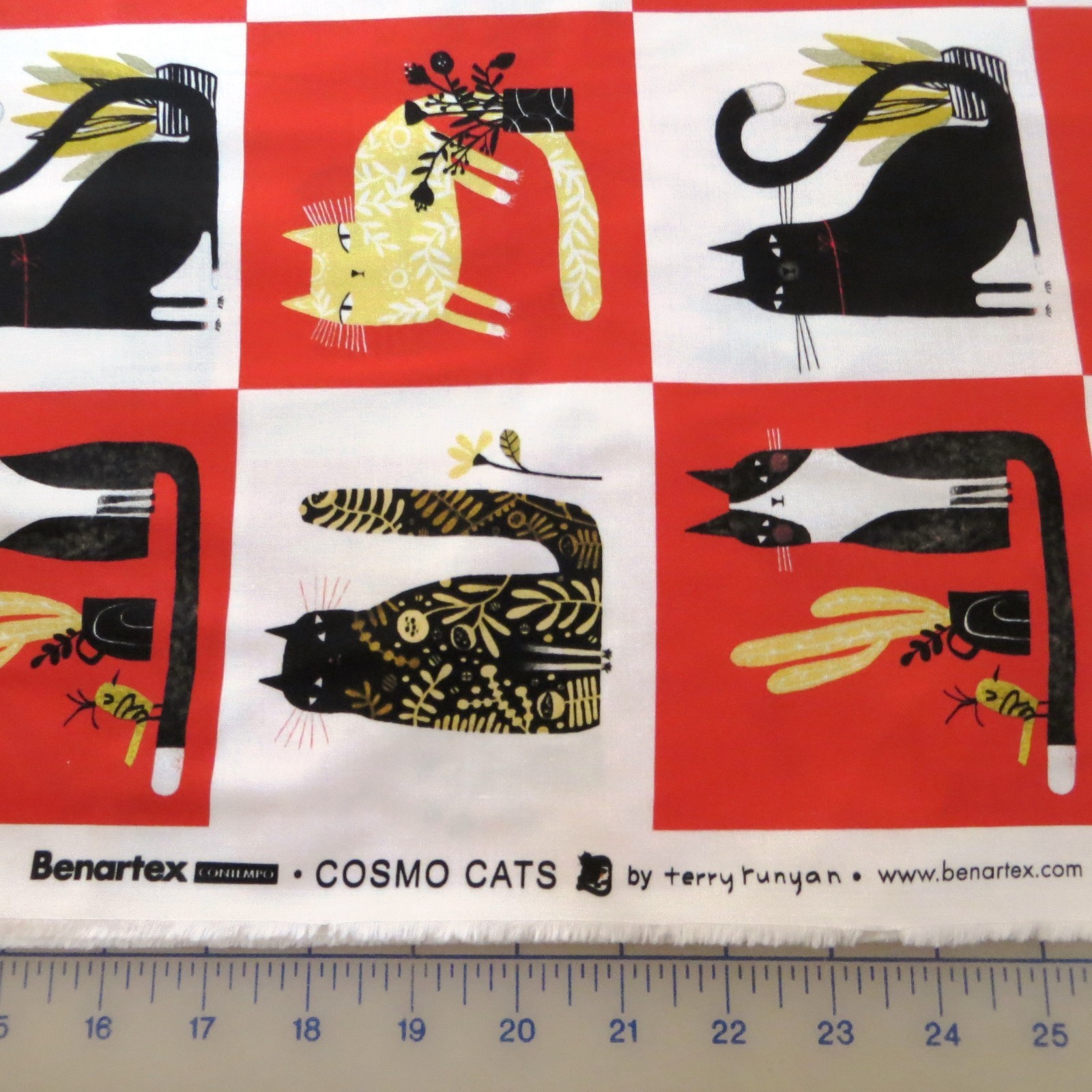 Yard ~  Cosmo Cats  Red Patchwork By Benartex ~ $3.99 Ships ANY Amount Fabric