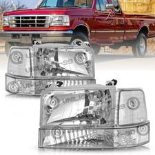 Fit For 92-96 Ford F150 F250 F350 Bronco Chrome Headlights Bumper Corner Lamps