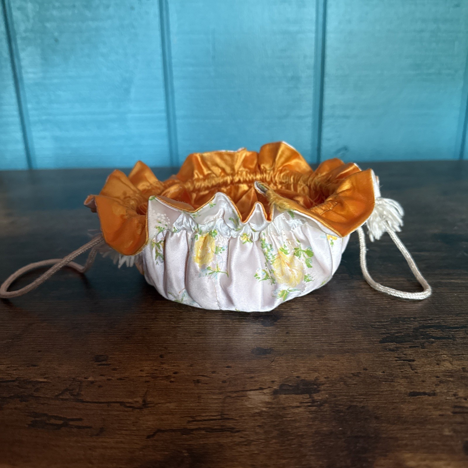 White/Orange Silk Drawstring Tiny Makeup Bag - image 3