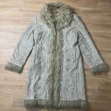 Afghan trench Coat penny Lane Y2K EMBROIDERED Mongolian FAUX suede Fur BEIG L M