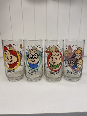 Vtg 1985 Alvin & The Chipmunks & Chipettes Complete 4 Glass Set Mint Condition
