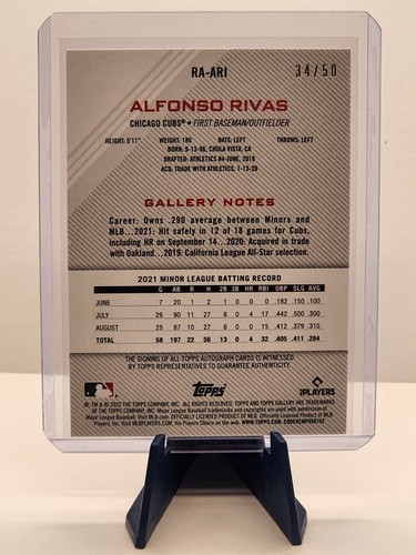 ALFONSO RIVAS #RA-ARI RC Auto Blue 34/50 2022 Topps Gallery Chicago Cubs Jinkz - Picture 2 of 2