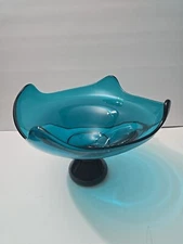 Viking Glass Epic Waves Blunique Footed Bowl, Pedestal Compote, Teal Blue Glass