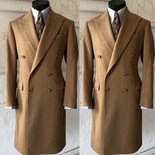Camel Men's Overcoat Wool Blend Peak Lapel Double Breasted Outdoor Warm Wear