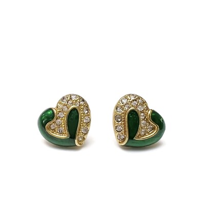 Vintage Emerald Green Enamel Rhinestone Goldtone Post Heart Earrings