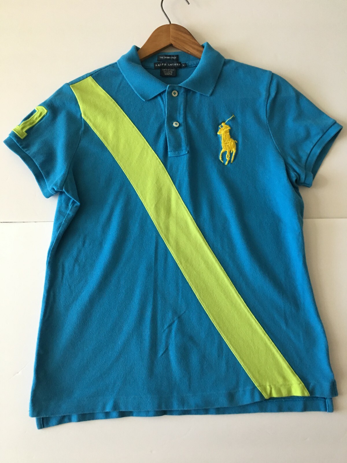 Polo ragazzo Ralph Lauren blu chiaro verde righe Big Pony Polo #1 camicia taglia Large