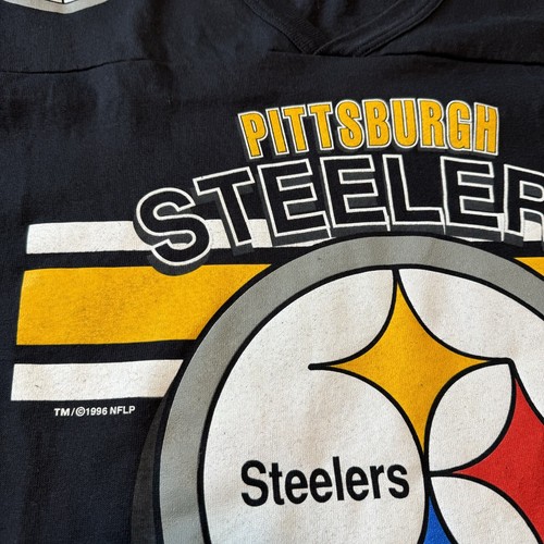 Pittsburgh Steelers Size XXL T Shirt 1996 Big Print Striped Sleeves NFL Black - Picture 5 of 14