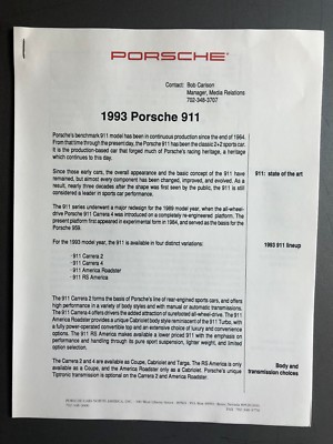 2ァ@プロフ記載ページ 1993 Porsche 911 Carrera 2 PCNA issued Press Release RARE