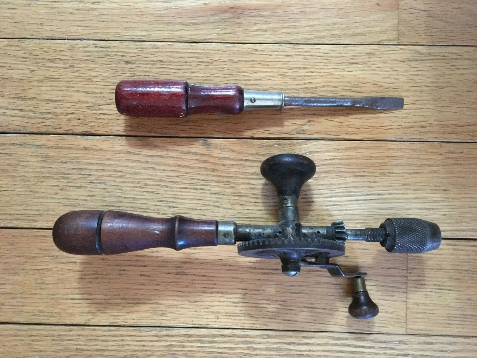 Vintage Antique Tools Wood Hand Drill with Old Bit Egg Beater
