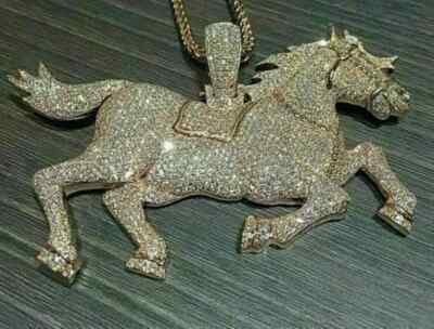 2.40Ct Lab Created Diamond Round Horse Rider Pendant 14K Yellow Gold Plated 18''