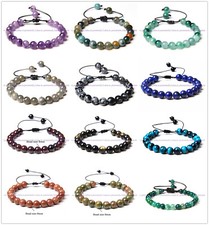 Natural 8mm Sorts of Gems Round Beads Braided Adjustable Bracelet 7.5''