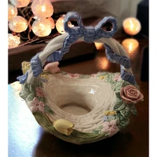 Fitz and Floyd Large Bunny Hallow Ceramic Basket 1989 Pink Yellow Flowers