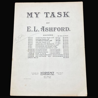 MY TASK Vtg 1920s Sheet Music Piano High Voice Solo in F by E L Ashford Lorenz