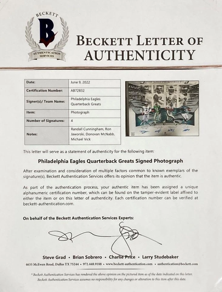 Foto collage BAS firmada por Vick McNabb Jaworski Cunningham 16x20 Eagles QB Legends Foto 3 de 3