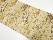 7794099: JAPANESE KIMONO / ANTIQUE CRANE / WOVEN FLORAL PATTERN MARU OBI MATER