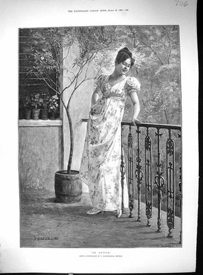 Alter Druck 1893 Balkon Szene schönes Frauen Kleid Au Revoir Hanfstaengl 19.