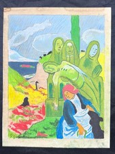 Paul Gauguin (Handmade) Mixed Media Paper Drawing Signed and Stamped