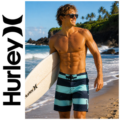 Hurley Phantom Board Shorts Men's Sz 36 Navy Aqua Stripe Surf Swim Trunks