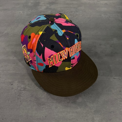 Hat Club Milwaukee Brewers New Era Cap 7 1/4 Color Camo Brown Neon Rave RARE