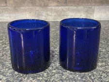 COBALT BLUE HAND BLOWN Rocks Old Fashion Juice Thick Glass, GLASSES SET OF 2