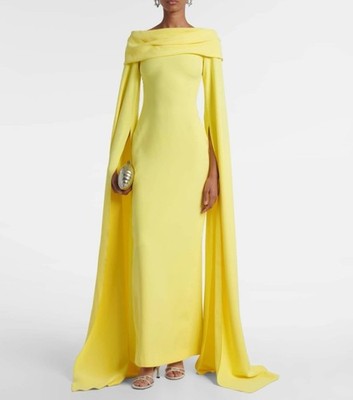 AUTH Solace London  Nuri caped off-shoulder crêpe gown yellow UK12