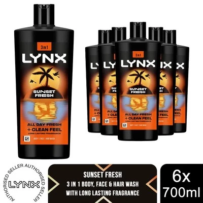 Lynx 3 In 1 Body Wash Sunset Fresh 72H Sweat Protection 700ml, 6 Pack
