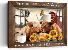 Farmhouse Rustic Highland Cow Bathroom Decor Wall Art Country Sunflowers Cow in