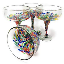 Mexican Hand Blown Glass – Set of 4 Hand Blown Margarita Glasses Confetti Car...