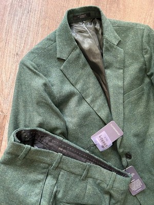 Studio Suits custom made slim green herringbone tweed 2 piece suit 42L nwt new
