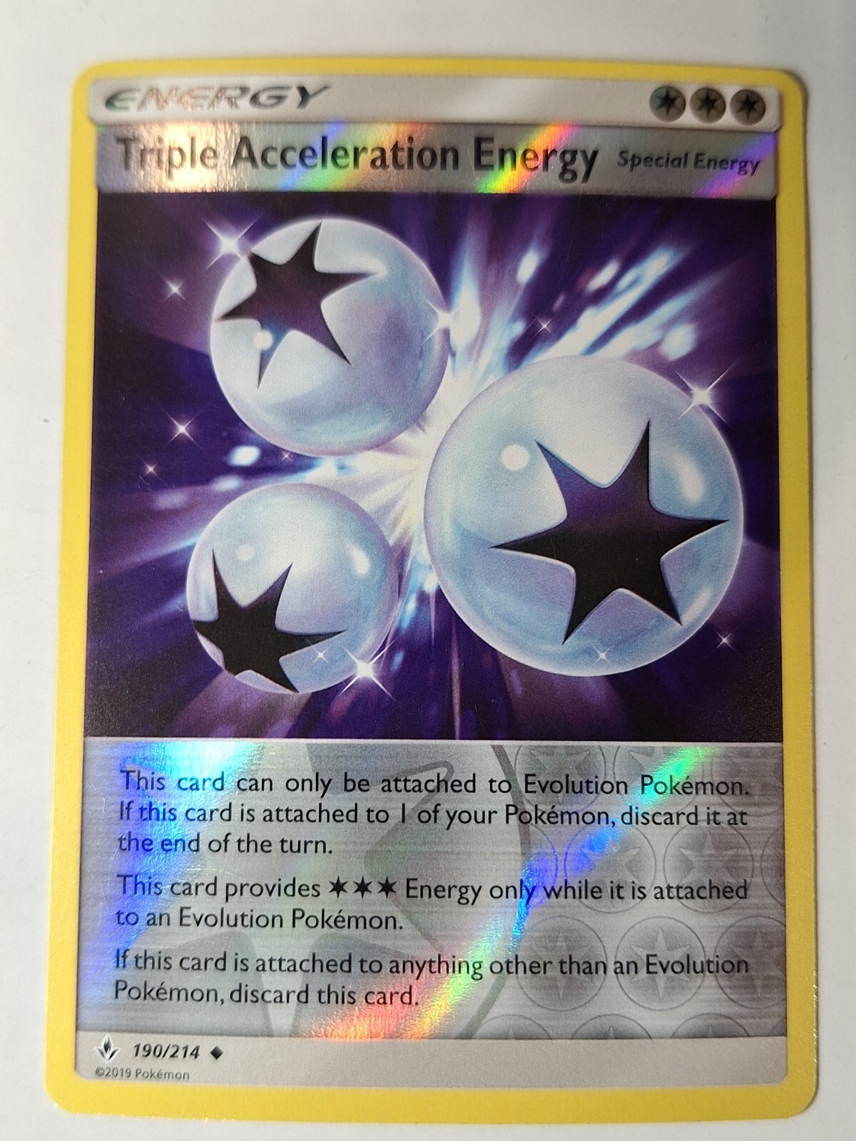 Triple Acceleration Energy 190/214 Unbroken Bonds Reverse Pokemon Holo Foil Nice