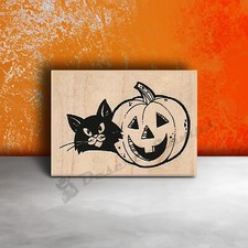 Mounted Rubber Stamps, Cat and Jack O' Lantern, Pumpkin and Cat, Halloween, Cat